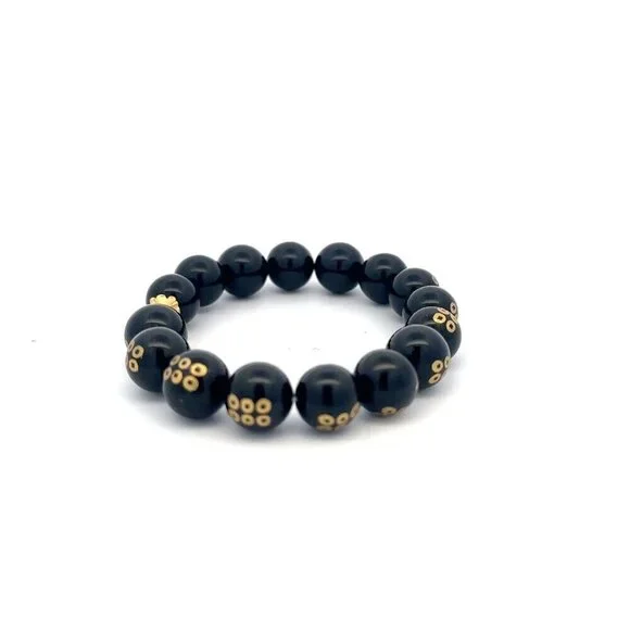24K Yellow Gold Money Bag Lucky Bracelet Carved Black Agate Gemstones 10mm - Picture 4 of 5